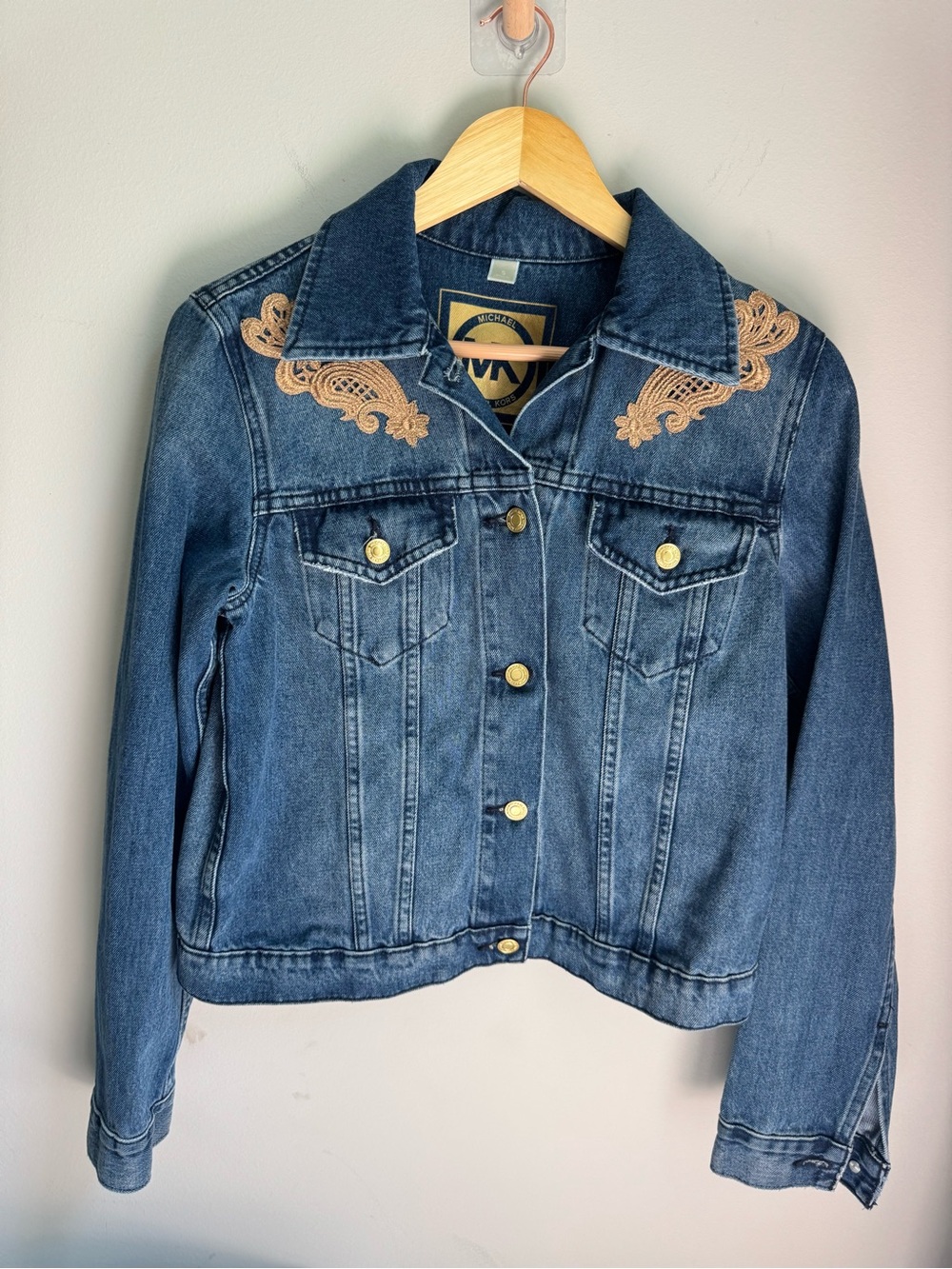 Michael Kors Blue Denim Jacket with Tan Embroidered Collar & Back